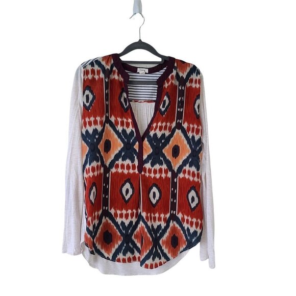 Tiny Anthropologie Sima Aztec Print Long Sleeve Top Mixed Media Tab Sleeves Med - Picture 1 of 12